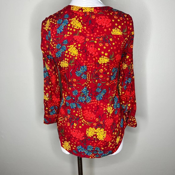 Anthropologie Maeve Blouse Top Colorful Floral XS Red V-Neck Bib Front Pleated - Picture 3 of 7